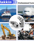 Collage featuring Pro Grade Stainless Steel Grease Zerk Fittings Kit 73 Piece M6 M8 Metric Set and various industrial applications