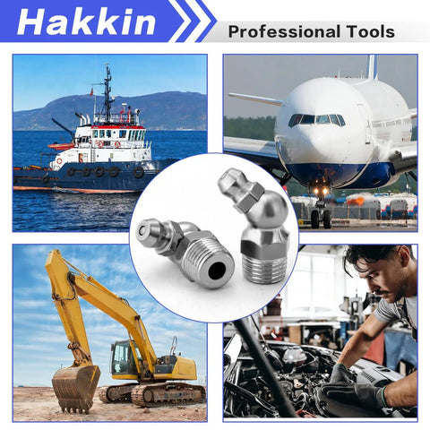 Collage featuring Pro Grade Stainless Steel Grease Zerk Fittings Kit 73 Piece M6 M8 Metric Set and various industrial applications