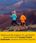 Two people running on rocky terrain promoting wrist support for Carpal Tunnel Syndrome relief.