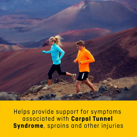 Two people running on rocky terrain promoting wrist support for Carpal Tunnel Syndrome relief.