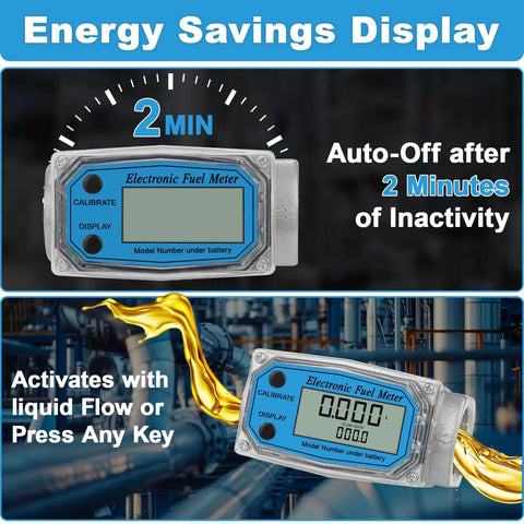 Inline One Inch NPT Digital Turbine Flow Meter with LCD display showing energy savings and auto-off features.