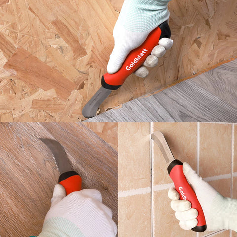 Goldblatt linoleum cutter with red soft-grip handle; stainless steel hook blade for flooring tasks.