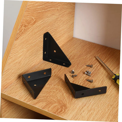 Hella Sturdy 40 Pack Heavy Duty Triangle Shelf Brackets Thickened Cold Rolled Steel Corner Braces for bed frames and home furniture with quick pre drilled setup on wood surface.