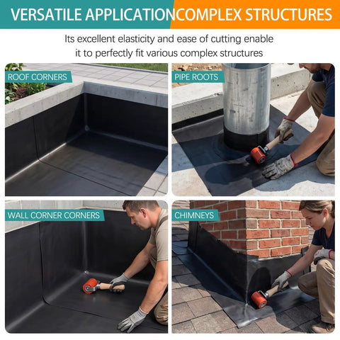 Hella Durable 40X20 Foot EPDM Rubber Roofing Membrane Roll With Self Adhesive Reinforced Waterproofing Sheet for Roofs and Patios, showing versatile applications.