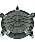 Heavy-Duty Plastic Drum Dolly For 30 And 55 Gallon Drums, 900 Lb Capacity, bottom view showing swivel casters and brake