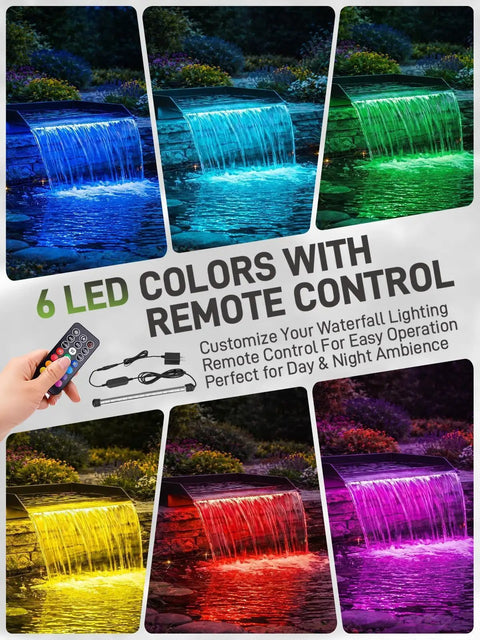 Outdoor Waterfall Kit With LED Lights And 880 GPH Pump 12 Inch 304 Stainless Spillway Filter Media Included Water Pump For Garden Backyard Pool Fountain And Water Feature, color-changing LED waterfall display