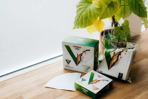 Box of V60 Cone Pour Over Coffee Filters Size 02 White 600 Count with unbleached paper filters on a table near a plant
