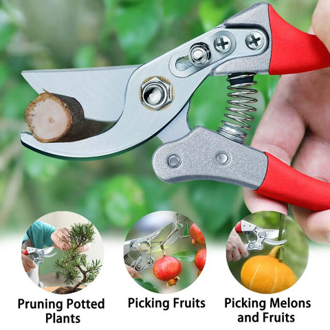 8.6 Inch Pruning Shears For Gardening With Sharp SK5 Steel Blades, heavy duty garden clippers, ergonomic handles in use on branch