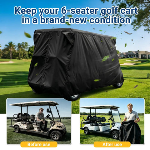 Six Passenger Golf Cart Storage Cover For EZGO Club Car And Yamaha Built Tough With Heavy Duty Dustproof Protection shown on cart