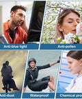 Collage showcasing diverse uses including anti-blue light, anti-pollen, anti-dust, waterproof, and chemical protection in various scenarios.