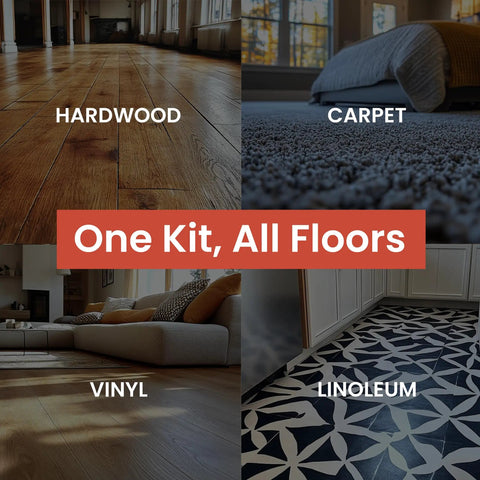 No Squeak Floor Repair Kit For Hardwood, Carpet, Vinyl And Linoleum showcasing compatible floor types in home settings