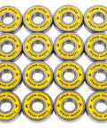 Premium Inline Skate Bearings 608 ABEC 9 Pack Of 16 with yellow seals and stainless steel cages in a grid layout.