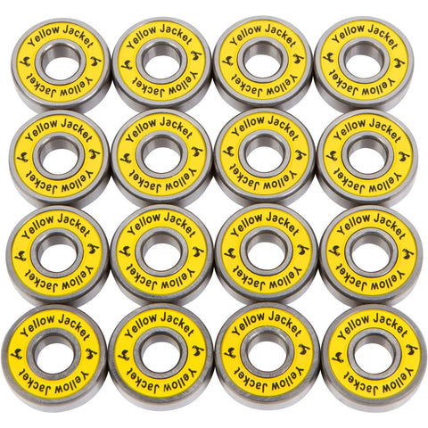 Premium Inline Skate Bearings 608 ABEC 9 Pack Of 16 with yellow seals and stainless steel cages in a grid layout.
