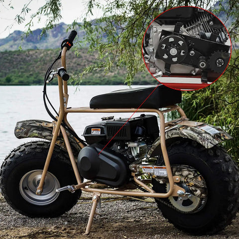 Mini bike by lake featuring Ten Tooth Front Sprocket for Five Eighth Inch Bore Chain Fits 196cc 200cc 212cc go-karts and mini bikes