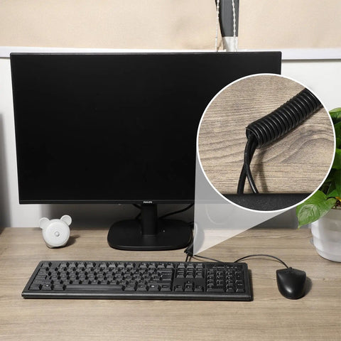 1 Inch Split Wire Loom Tubing Kit 60 Feet Total 2 Rolls Of 30 Ft Each cable management on desk with tools and monitor setup.
