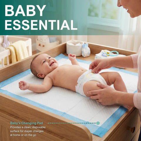 Top Shelf Super Absorbent Disposable Underpads 17 X 24 Inches Bone Dry Finish 100 Count Leak Proof Chux Pads used for diaper changes.
