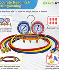 Test And Charge Manifold Kit With Three And One Eighth Inch Color Coded Gauge Brass Manifold, Seventy Two Inch Hoses, R22 R134A R404A