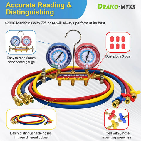 Test And Charge Manifold Kit With Three And One Eighth Inch Color Coded Gauge Brass Manifold, Seventy Two Inch Hoses, R22 R134A R404A