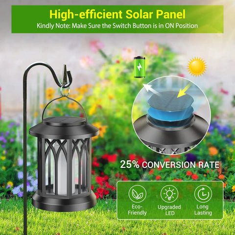 4 Pack Solar Lanterns Outdoor Lights With Upgraded Flickering Flame, solar panel detail, in garden setting