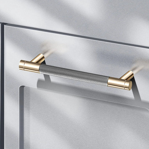 12 Pack 5 Inch Center To Center Drawer Pulls With 6 Inch Overall Length Round Aluminum Cabinet Handles In Gold Nickel Oxidation Finish And Diamond Pattern Includes 56 Screws installed on cabinet