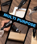 Superior Kickass Cordless Rotary Tool Kit With Five Adjustable Speeds And One Hundred Four Versatile Attachments For Precision Sanding Carving Drilling Polishing And Smooth DIY Projects Around The Shop, with various attachments in use.