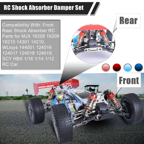 RC car with Four 72mm Aluminum Oil Shocks Set For 1 12 1 16 Scale showing front and rear installation
