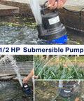 Half Horsepower Submersible Water Pump 2200 GPH Portable Sump Pump For Pool Draining Basements Fountains Hot Tubs Gardens With 25 Ft Power Cord Sky Blue in use for water drainage from a garden feature.