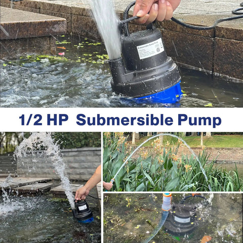 Half Horsepower Submersible Water Pump 2200 GPH Portable Sump Pump For Pool Draining Basements Fountains Hot Tubs Gardens With 25 Ft Power Cord Sky Blue in use for water drainage from a garden feature.