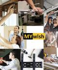 Collage of people using tools for DIY projects, featuring images of installation and drilling tasks, with "MYwish" brand logo.
