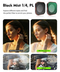 Comparison of Insta360 Ace Pro 2 UV Lens Filter effects: Black Mist 1/4 and PL filters applied to outdoor portrait and driving scenes.
