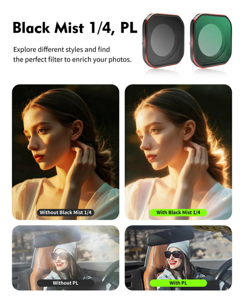 Comparison of Insta360 Ace Pro 2 UV Lens Filter effects: Black Mist 1/4 and PL filters applied to outdoor portrait and driving scenes.