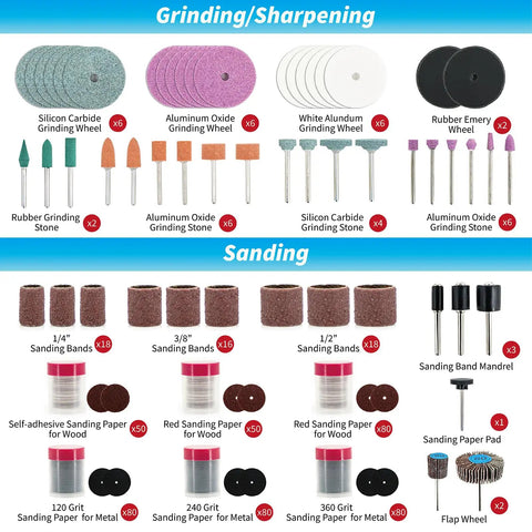 652-Piece All-In-One Rotary Tool Accessory Kit Dremel Compatible For Grinding Sanding Cutting Drilling Cleaning Polishing And Carving With Silicon Carbide And Aluminum Oxide Wheels Diamond Grinding Bits HSS Drills Wire Brushes Wool Polishing Wheels grinding and sanding accessories laid out by type