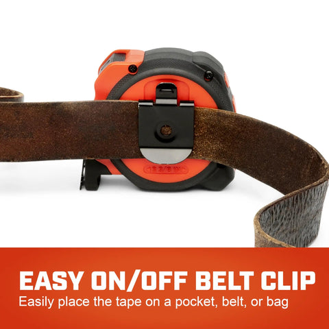 ControlTouch Nite Eye Tape Measure With Anti Pinch Lock, belt clip attached to a leather belt
