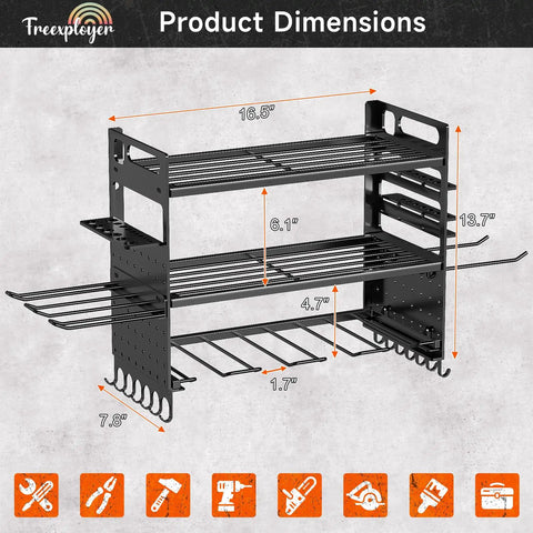 16.5 Inch Wall Mount Power Tool Organizer With Six Drill Slots, Three Tier Cordless Tool Rack, Black, dimensions shown