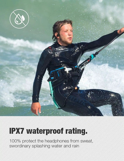 Person kitesurfing wearing U18 True HD Bluetooth Earbuds Wireless Headphones For Gym And Running, IPX7 Sweatproof Sports Earbuds.