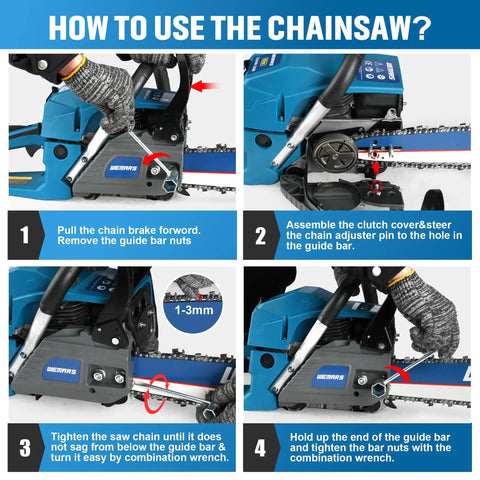 Instruction steps for Gas Powered Chainsaw 62cc 20 Inch Chainsaw For Cutting Wood Trees And Branches.