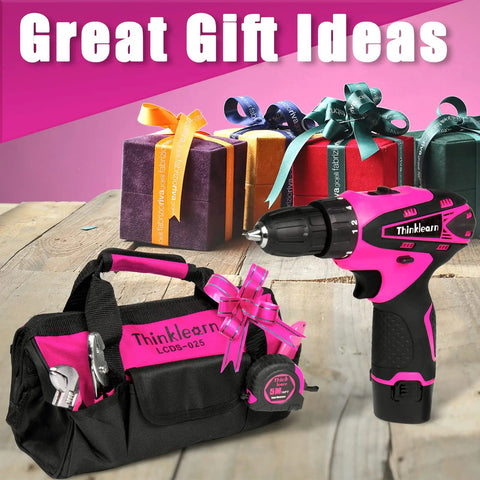 Pink Drill Set For Women 137 Piece Home Tool Kit with drill, tool bag, and gifts in background, perfect DIY gift for ladies.