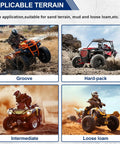 Beefy All Terrain ATV UTV Tires 25x10x12 for mud and sand off-road trails, showcasing different terrains.