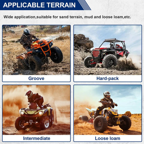 Beefy All Terrain ATV UTV Tires 25x10x12 for mud and sand off-road trails, showcasing different terrains.
