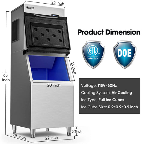 Commercial Ice Maker Machine 550 Lbs Per Day 22 Inch Wide Industrial Ice Machine With Large Storage Bin Ice Ready In 5-15 Minutes Stainless Steel ETL Approved Ice Maker For Restaurants And Bars, dimensions displayed