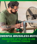 Man using 18V MultiVolt Brushless Drill And Impact Driver Combo Kit for heavy duty job on metal surface indoors.