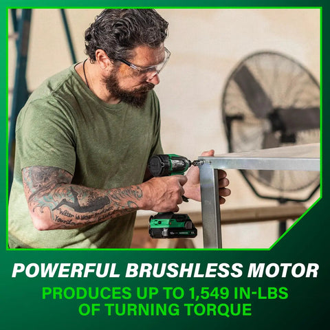 Man using 18V MultiVolt Brushless Drill And Impact Driver Combo Kit for heavy duty job on metal surface indoors.