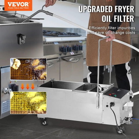 Heavy Duty Mobile Fryer Oil Filter Machine Featuring High Performance Pump Assembly Crafted For Commercial Kitchens And Street Carts Crushing Grease Like A Champ On The Daily, shown in a kitchen setting.
