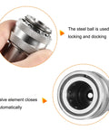 Top Shelf Heavy Duty Carbon Steel Hydraulic Quick Connect Coupler close-up, showcasing locking steel ball and automatic valve.