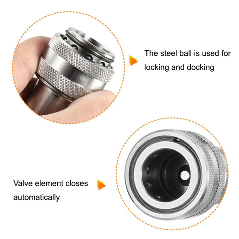 Top Shelf Heavy Duty Carbon Steel Hydraulic Quick Connect Coupler close-up, showcasing locking steel ball and automatic valve.