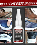 Heavy Duty Shoe Glue For Boots Sneakers And Heels Waterproof Flexible Adhesive For Durable Sole Repairs Seams Loose Soles And Cracked Heels Long Lasting Bond For Everyday Footwear with before and after repair effects on shoes.