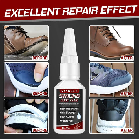 Heavy Duty Shoe Glue For Boots Sneakers And Heels Waterproof Flexible Adhesive For Durable Sole Repairs Seams Loose Soles And Cracked Heels Long Lasting Bond For Everyday Footwear with before and after repair effects on shoes.