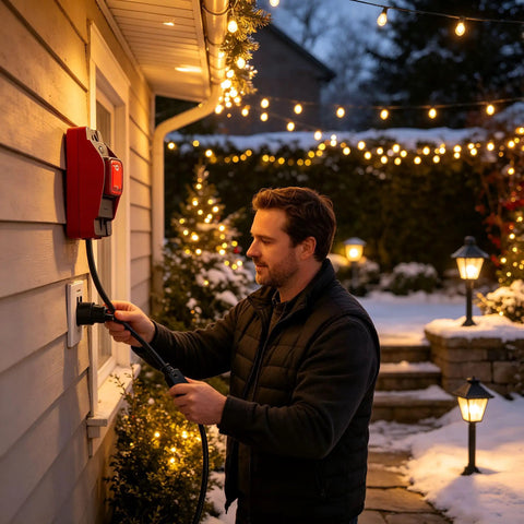 Heavy Duty 3 Prong Extension Cord Built Solid With Real 14 AWG Cable 6.6 Ft Black Wire used outdoors for holiday lights connection.