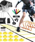 All In One Pro Grade Agility Ladder Set For Football Training With A 20 Foot Speed Ladder, 12 Rungs, 12 Disc Cones pictured with athlete in use.
