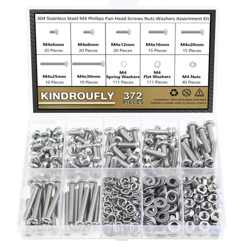 M4 Phillips Pan Head Machine Screw Set With Nuts And Washers, 372-Piece Stainless Steel 304 Assortment Kit in clear box
